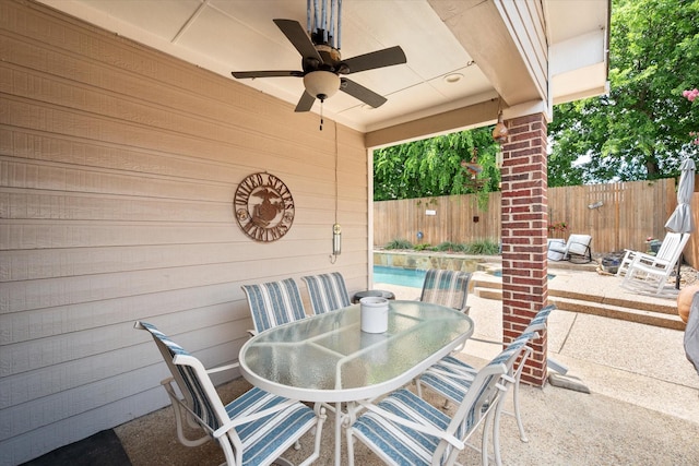 2213 Laura Elizabeth Trl, Mansfield, TX 76063 - fenced backyard with a patio area, outdoor dining space, and ceiling fan