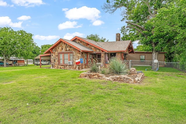 509 W Reynosa Ave, De Leon, TX 76444 - rear view of house with a chimney and stone siding