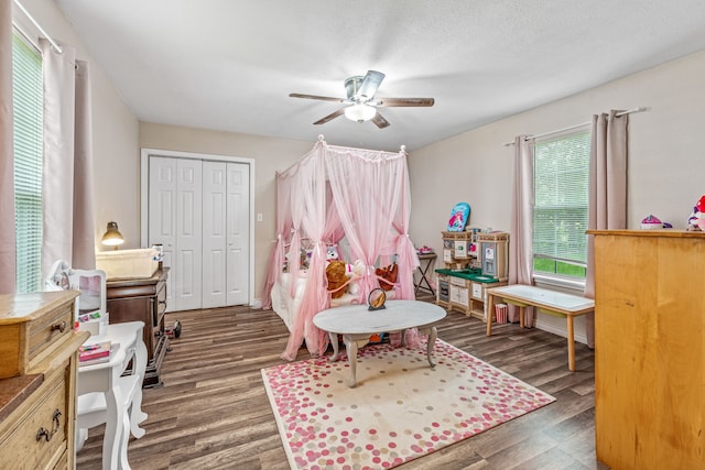 509 W Reynosa Ave, De Leon, TX 76444 - bedroom with wood finished floors, a closet, and a ceiling fan