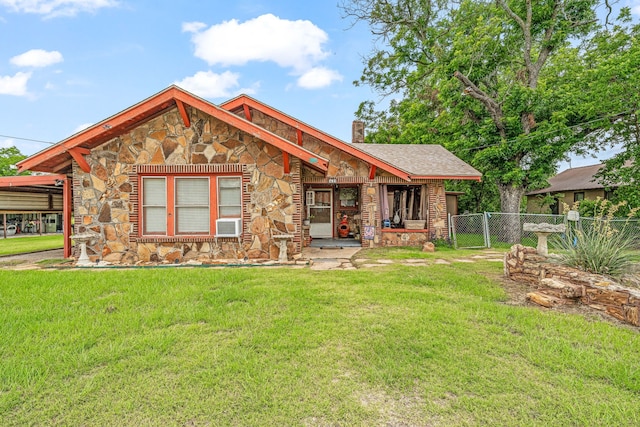 509 W Reynosa Ave, De Leon, TX 76444 - view of front of house with stone siding, a chimney, a carport, and cooling unit