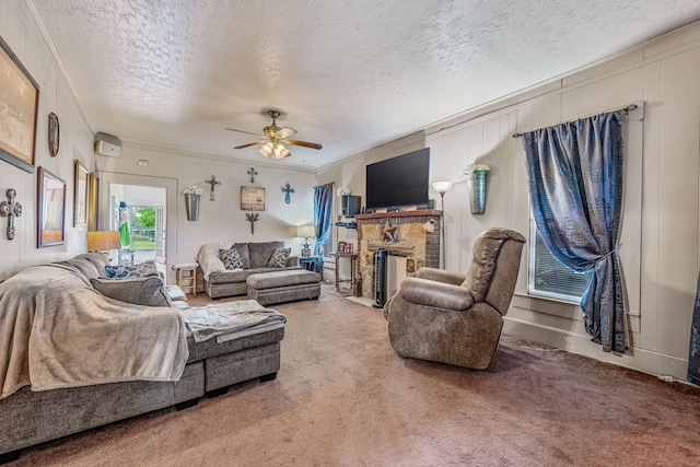 509 W Reynosa Ave, De Leon, TX 76444 - carpeted living room with a textured ceiling, ceiling fan, a fireplace with flush hearth, and ornamental molding