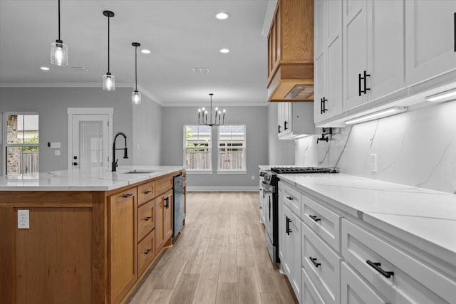 13017 Rainier, Woodway, TX 76712 - kitchen featuring appliances with stainless steel finishes, light wood finished floors, white cabinets, custom range hood, and ornamental molding
