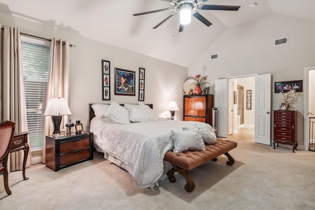 4105 Claridge Ter, Garland, TX 75043 - bedroom with light colored carpet, high vaulted ceiling, a ceiling fan, and connected bathroom