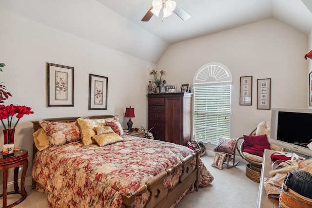 4105 Claridge Ter, Garland, TX 75043 - bedroom with light colored carpet, vaulted ceiling, and a ceiling fan