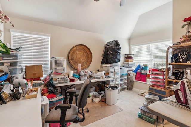 4105 Claridge Ter, Garland, TX 75043 - office area featuring carpet flooring, ceiling fan, and lofted ceiling