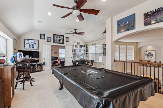 4105 Claridge Ter, Garland, TX 75043 - recreation room featuring light colored carpet, billiards table, ceiling fan, lofted ceiling, and recessed lighting