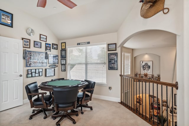 4105 Claridge Ter, Garland, TX 75043 - game room featuring arched walkways, ceiling fan, carpet, and lofted ceiling