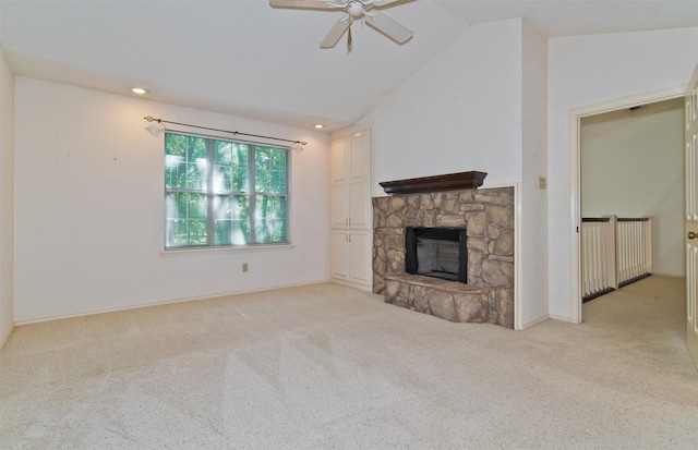 748 Arbor Creek Dr, Desoto, TX 75115 - unfurnished living room featuring a ceiling fan, carpet, a fireplace, high vaulted ceiling, and recessed lighting