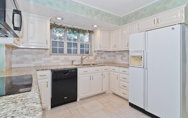 748 Arbor Creek Dr, Desoto, TX 75115 - kitchen with black appliances, a textured ceiling, white cabinetry, decorative backsplash, and light stone counters