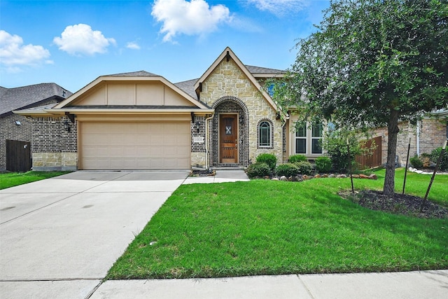 1008 Snowbird Dr, Little Elm, TX 75068 - french country style house featuring stone siding, a garage, a front lawn, and concrete driveway