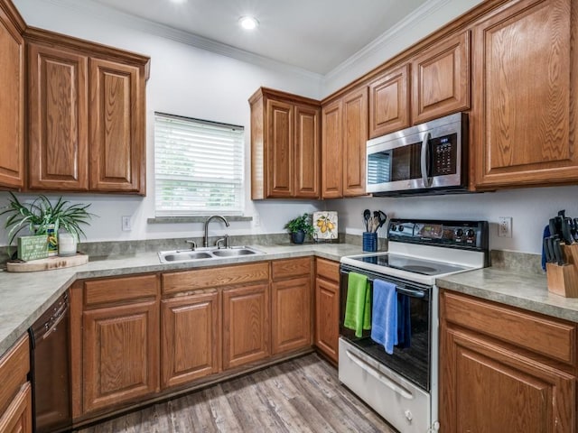400 Autry Blvd, Gunter, TX 75058 - kitchen with stainless steel microwave, white electric range, dishwasher, brown cabinets, and ornamental molding