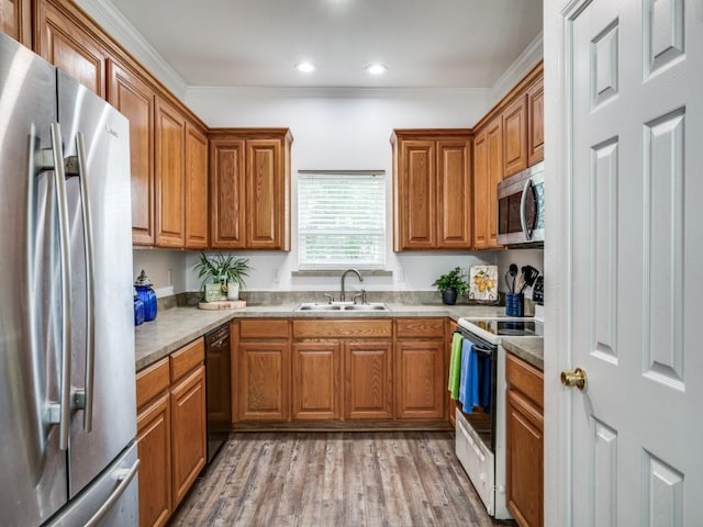 400 Autry Blvd, Gunter, TX 75058 - kitchen featuring stainless steel appliances, brown cabinetry, light wood-style floors, crown molding, and recessed lighting