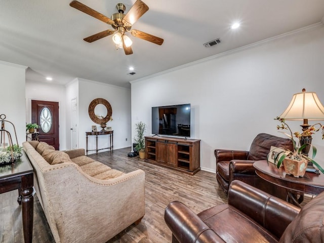 400 Autry Blvd, Gunter, TX 75058 - living area featuring ornamental molding, wood finished floors, a ceiling fan, and recessed lighting