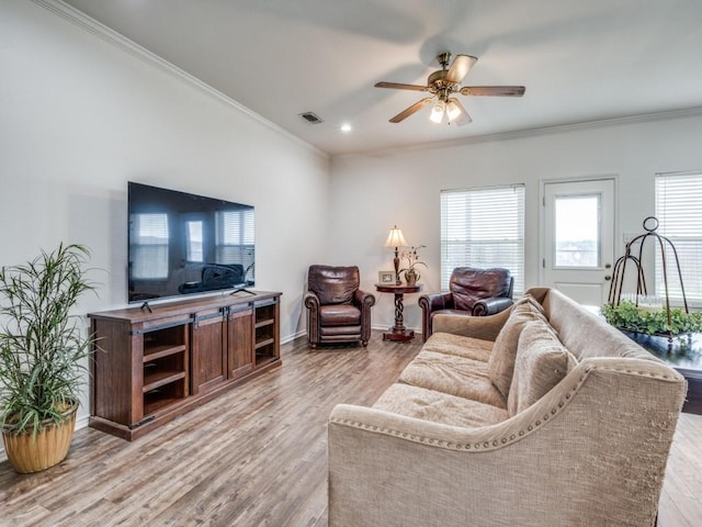 400 Autry Blvd, Gunter, TX 75058 - living room with crown molding, ceiling fan, light wood finished floors, and recessed lighting