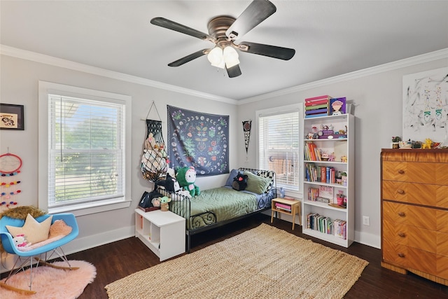 209 Walnut St, Sanger, TX 76266 - bedroom featuring multiple windows, dark wood-style floors, ornamental molding, and ceiling fan
