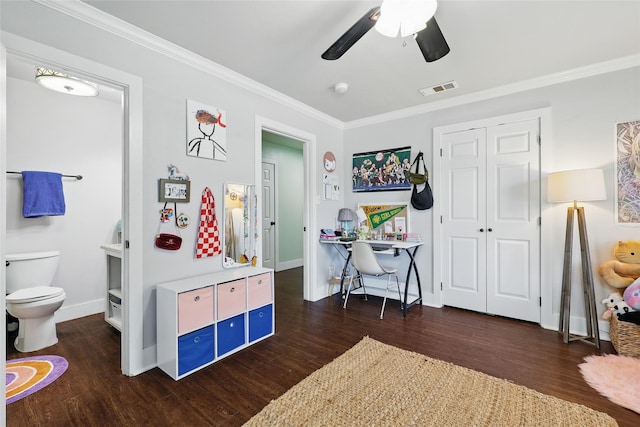 209 Walnut St, Sanger, TX 76266 - office with wood finished floors, ornamental molding, and a ceiling fan