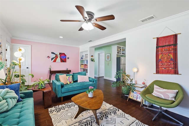209 Walnut St, Sanger, TX 76266 - living room featuring crown molding, a ceiling fan, and wood finished floors