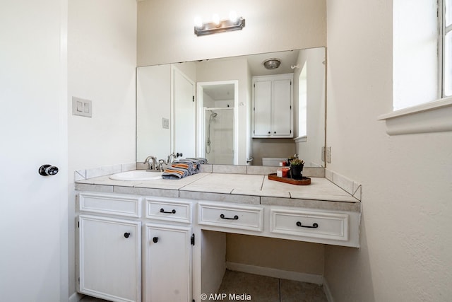 2306 County Road 475, Anson, TX 79501 - bathroom with a stall shower, vanity, and tile patterned floors