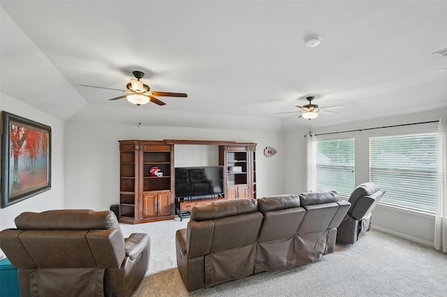 1330 Scarboro Hills Ln, Rockwall, TX 75087 - living area with a ceiling fan, carpet floors, and vaulted ceiling
