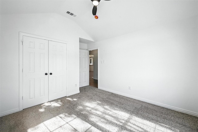 713 Madeline Ct, Azle, TX 76020 - unfurnished bedroom with vaulted ceiling, carpet, a closet, and ceiling fan