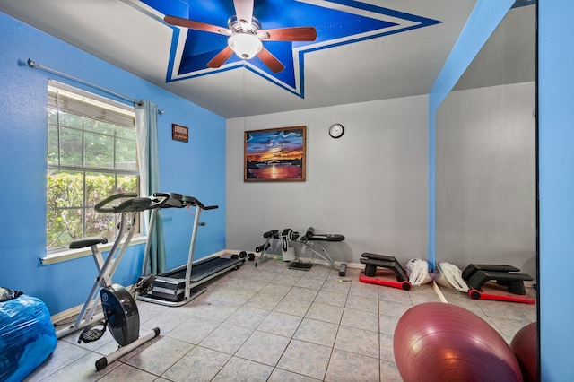 3060 Saint Nicholas Dr, Dallas, TX 75233 - workout area with a ceiling fan and tile patterned floors