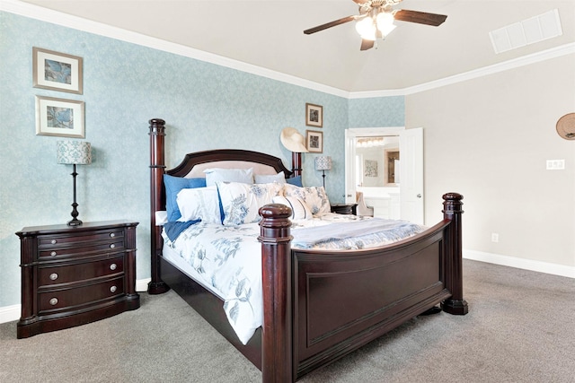 9809 Trinity Dr, Little Elm, TX 75068 - bedroom with carpet flooring, ornamental molding, ensuite bath, and ceiling fan