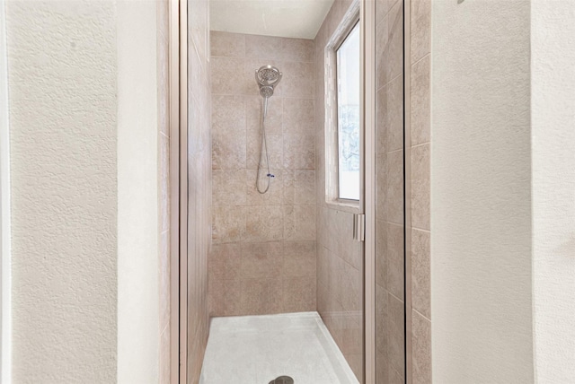 9809 Trinity Dr, Little Elm, TX 75068 - bathroom featuring a shower stall, a textured wall, and plenty of natural light