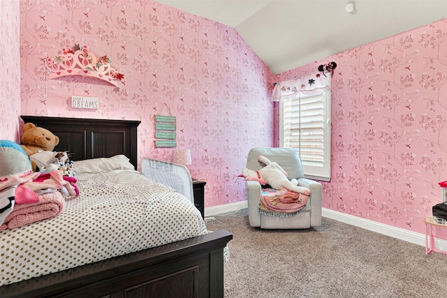 9809 Trinity Dr, Little Elm, TX 75068 - bedroom featuring lofted ceiling, carpet flooring, and wallpapered walls