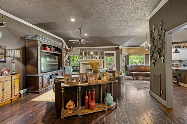 3901 Woodside Dr, Arlington, TX 76016 - home office featuring a textured ceiling, ornamental molding, healthy amount of natural light, a ceiling fan, and wood-type flooring