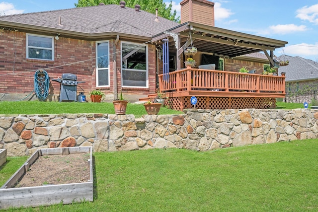 3901 Woodside Dr, Arlington, TX 76016 - rear view of property with a shingled roof, a yard, a wooden deck, and a chimney
