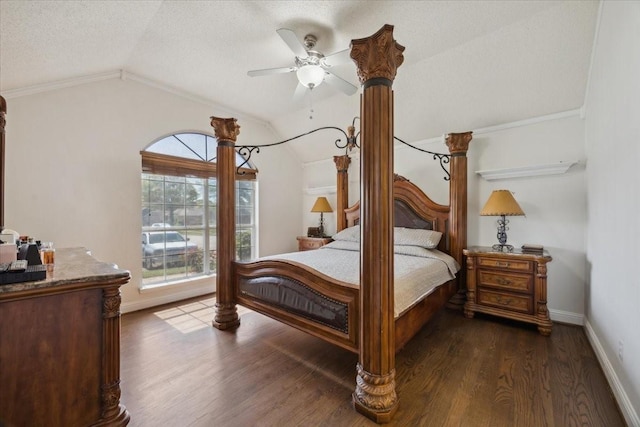 1701 Prairie Creek Ct, Garland, TX 75040 - bedroom with vaulted ceiling, dark wood-style floors, a textured ceiling, and ceiling fan