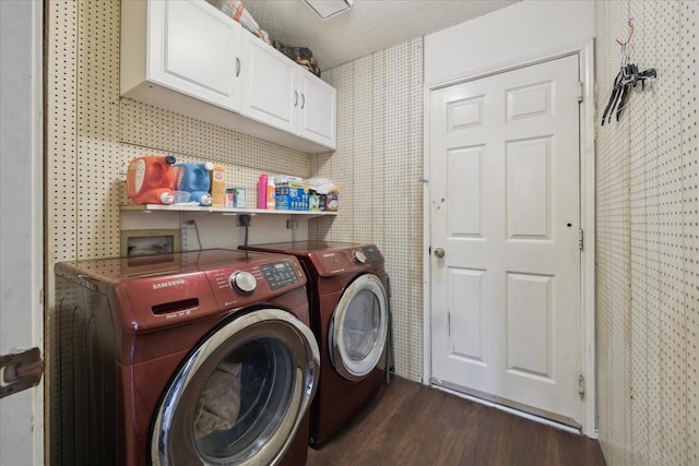 1701 Prairie Creek Ct, Garland, TX 75040 - laundry room featuring separate washer and dryer, cabinet space, and dark wood-style floors