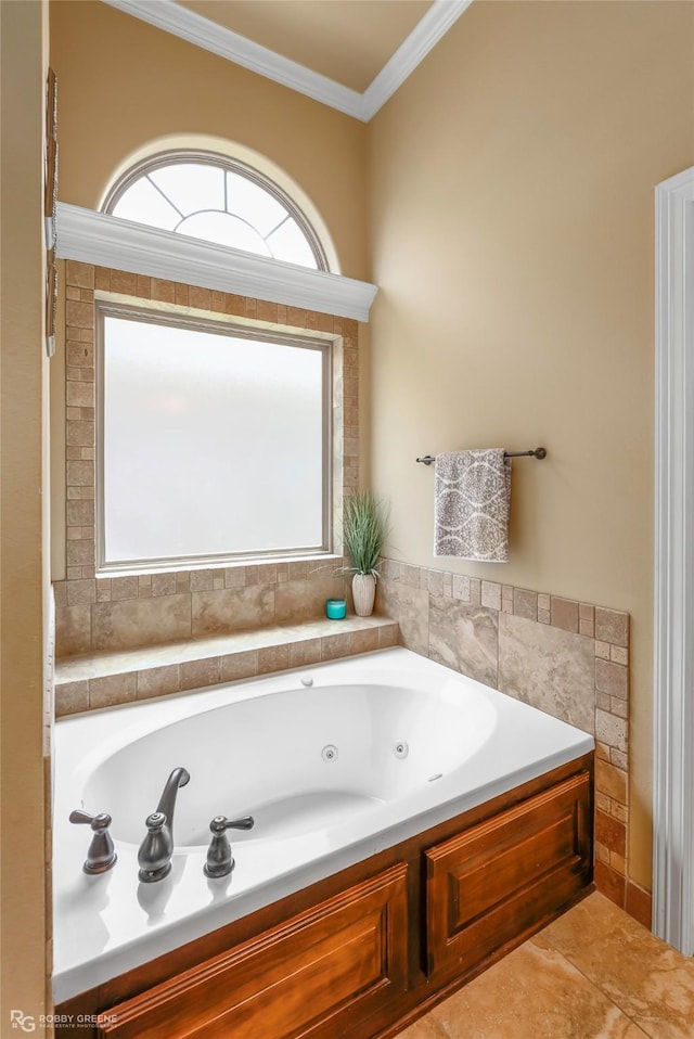 615 Canoe Trl, Bossier City, LA 71111 - bathroom featuring a whirlpool tub, crown molding, and tile patterned flooring