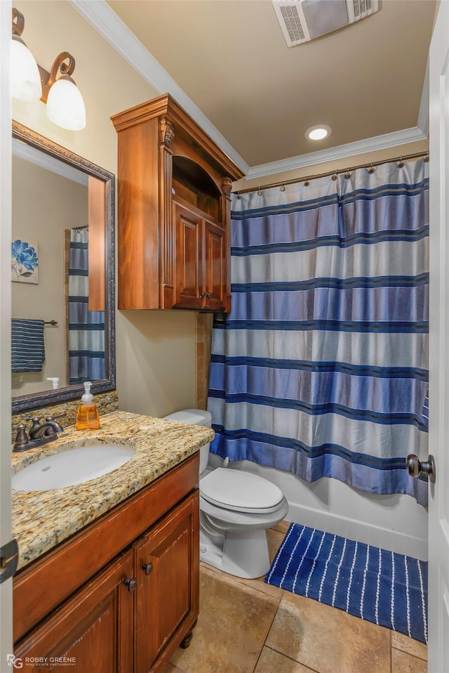 615 Canoe Trl, Bossier City, LA 71111 - bathroom with ornamental molding, vanity, and shower / tub combo with curtain