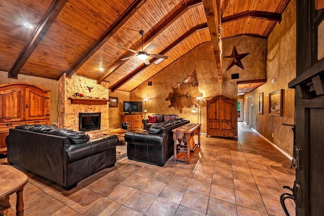 188 Hacienda, Pottsboro, TX 75076 - living room featuring a wood ceiling with exposed beams, a stone fireplace, high vaulted ceiling, tile patterned floors, and ceiling fan