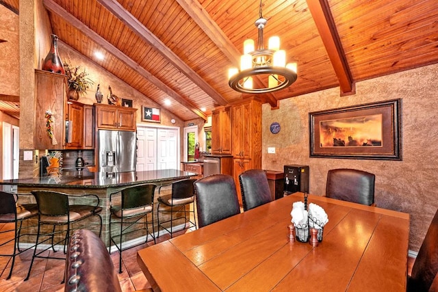 188 Hacienda, Pottsboro, TX 75076 - dining area with a wooden ceiling with exposed beams, a chandelier, and high vaulted ceiling