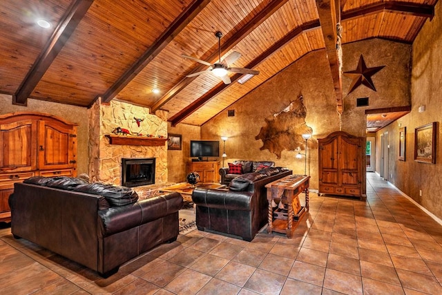 188 Hacienda, Pottsboro, TX 75076 - tiled living room with a wooden ceiling with exposed beams, high vaulted ceiling, a stone fireplace, and a ceiling fan