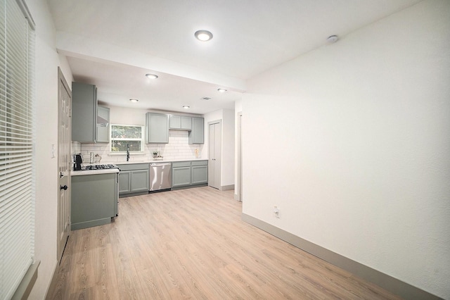 5525 Lester Granger Dr, Fort Worth, TX 76112 - kitchen featuring gray cabinetry, dishwasher, light wood finished floors, backsplash, and recessed lighting