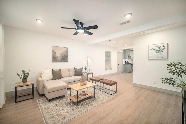 5525 Lester Granger Dr, Fort Worth, TX 76112 - living area featuring light wood finished floors, ceiling fan, and recessed lighting
