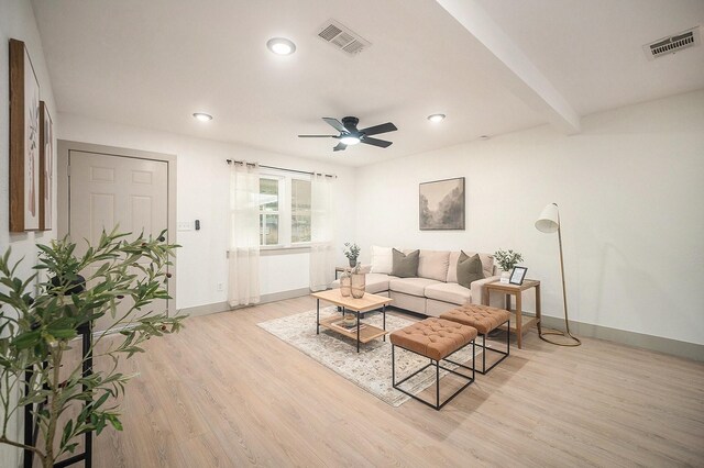 5525 Lester Granger Dr, Fort Worth, TX 76112 - living area featuring light wood-type flooring, ceiling fan, recessed lighting, and beamed ceiling
