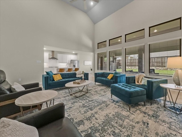 413 Coyote Creek Dr, Lavon, TX 75166 - living room with a ceiling fan and high vaulted ceiling