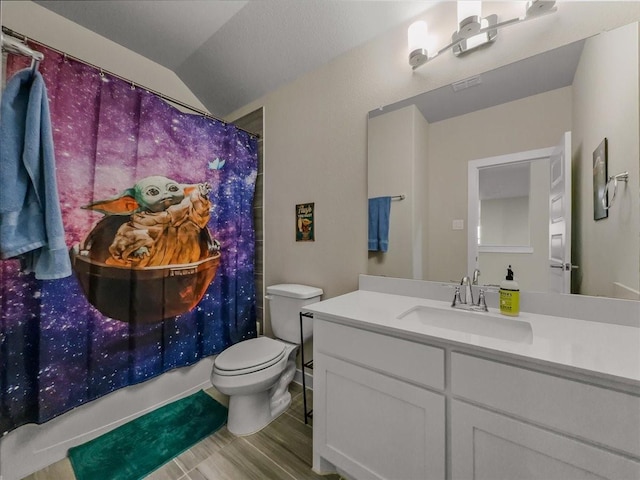 413 Coyote Creek Dr, Lavon, TX 75166 - bathroom with vanity, vaulted ceiling, and wood finished floors