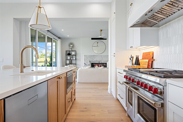 350 O Connor Ridge Blvd Unit 13, Irving, TX 75038 - kitchen featuring stainless steel appliances, custom exhaust hood, light wood-style flooring, light countertops, and a fireplace