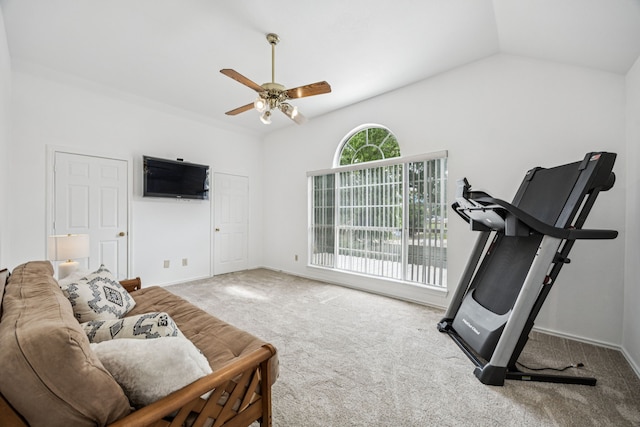 113 Windmill Ridge Dr, Rockwall, TX 75032 - workout area with ceiling fan, carpet, and vaulted ceiling