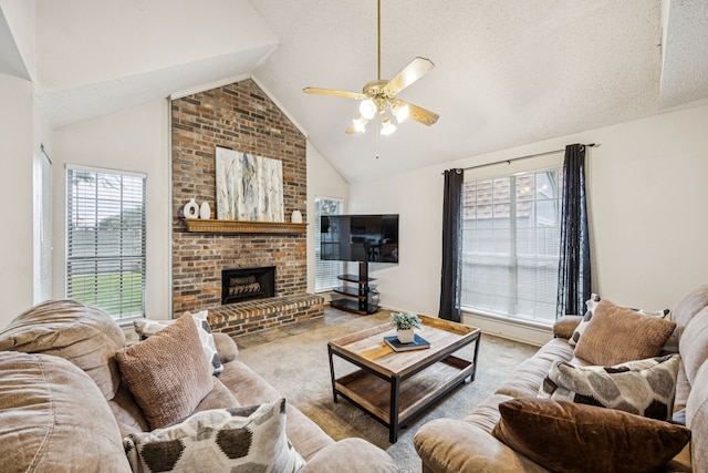 113 Windmill Ridge Dr, Rockwall, TX 75032 - carpeted living room featuring a ceiling fan, lofted ceiling, a brick fireplace, and a textured ceiling