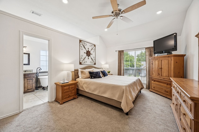 113 Windmill Ridge Dr, Rockwall, TX 75032 - bedroom featuring light carpet, vaulted ceiling, ensuite bath, recessed lighting, and a ceiling fan