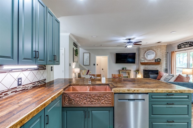 412 Paradise Canyon Cir, Paradise, TX 76073 - kitchen featuring stainless steel dishwasher, open floor plan, tasteful backsplash, ceiling fan, and butcher block counters