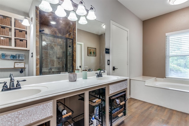 412 Paradise Canyon Cir, Paradise, TX 76073 - bathroom featuring a stall shower, double vanity, a bath, and wood finished floors