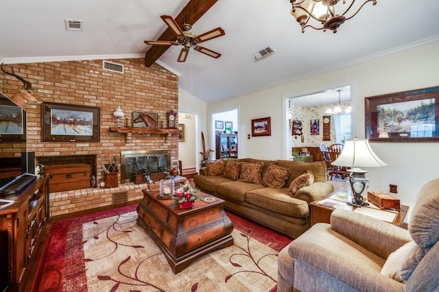 12869 Fm 1385, Pilot Point, TX 76258 - living room featuring a chandelier, a ceiling fan, a fireplace, and crown molding