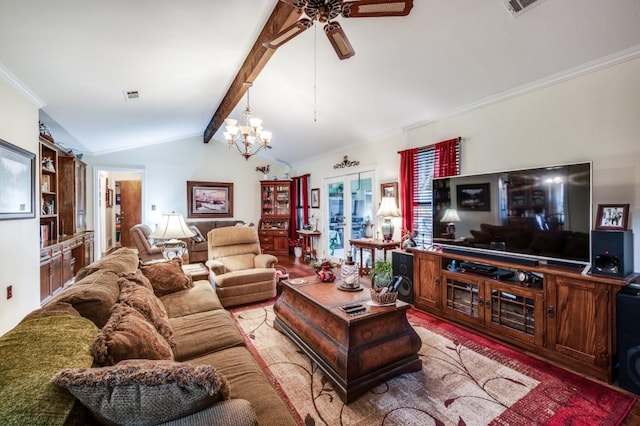 12869 Fm 1385, Pilot Point, TX 76258 - living room with ceiling fan, ornamental molding, and a chandelier